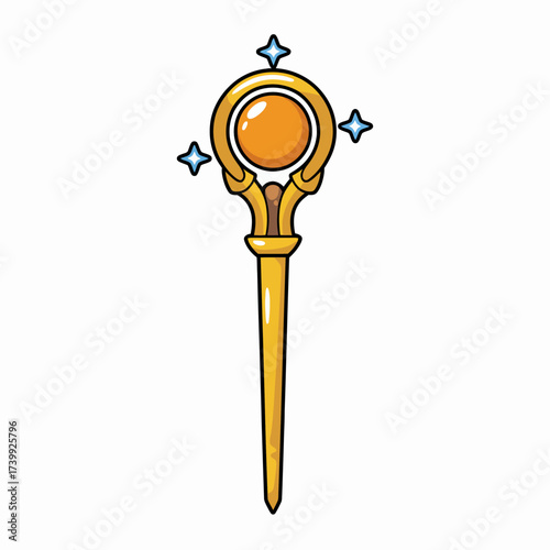 Isolated Golden Magic Staff with Orange Gem and Stars Mystical Power and Ancient Artefact for Fantasy Games or Magical Illustrations