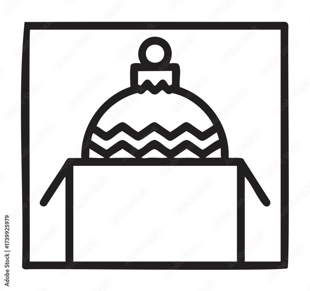 Obraz premium Black outline icon of a christmas bauble with a zigzag pattern partially hidden behind a rectangular shape. minimal linear illustration for festive holiday themes.