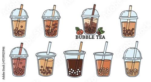 Collection of bubble tea illustrations in plastic cups.