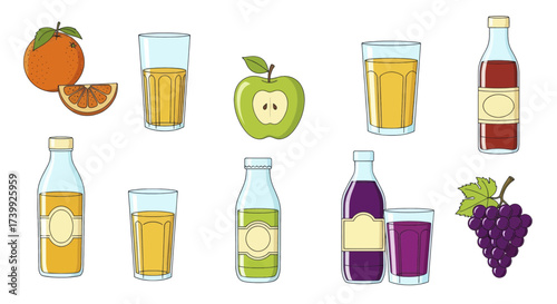 Collection of cartoon fruit juices orange apple and grape.