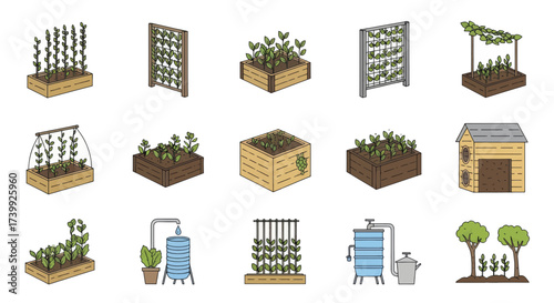 Set of gardening icons featuring raised beds trellises and rainwater harvesting systems.