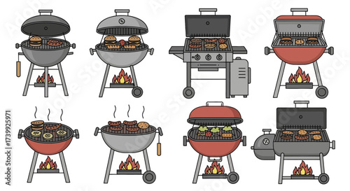 Set of various barbecue grills with food cooking on them.