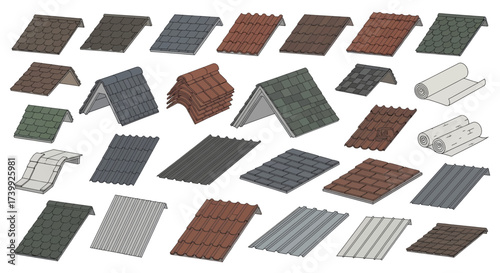 Isometric collection of various roof covering materials.