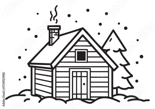 Black and outline drawing of a cozy winter cabin with a chimney, surrounded by snowflakes and a pine tree, representing a peaceful winter scene.