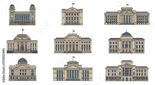 Set of nine classical architectural building illustrations.