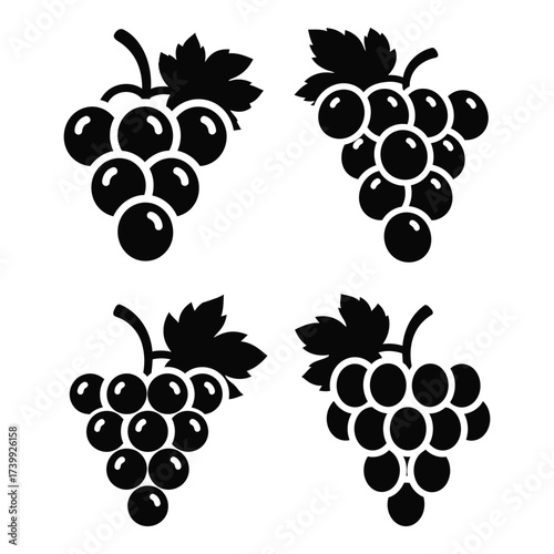 Four black silhouettes of grapes fruit clusters with leaves perfect for design projects and culinary themes silhouette