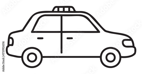 Black outline vector icon of a simple sedan taxi with a rooftop sign, shown in a side view with minimal linear design.