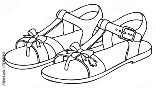 Black outline drawing of a pair of open-toe sandals with bow accents and adjustable straps for a fashionable look.