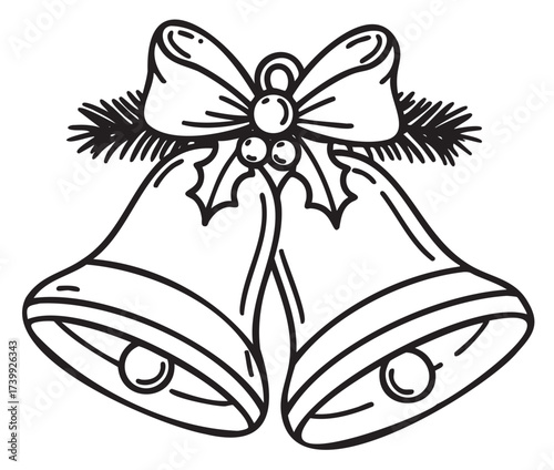 Black outline drawing of two christmas bells with holly leaves, berries, and a decorative bow, capturing the festive holiday spirit.