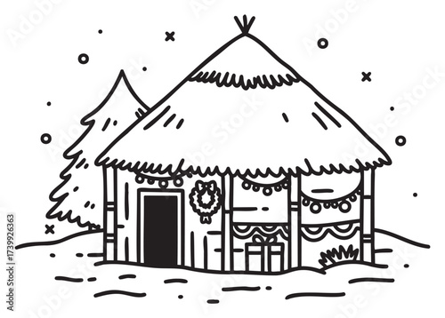 Black outline vector of a festive hut with a thatched roof, decorated with wreath and lights, surrounded by snowflakes and a pine tree.