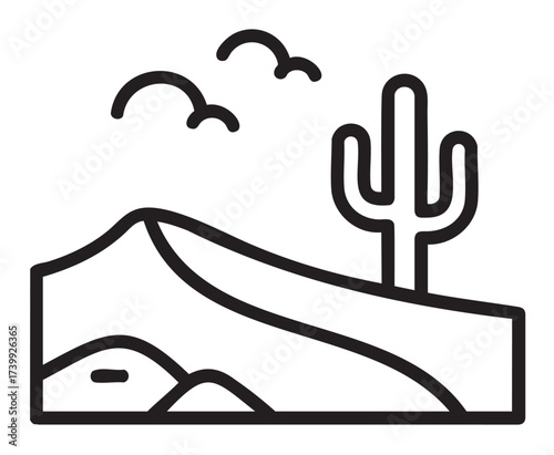 Black outline vector icon depicting a desert landscape with a tall cactus, sand dunes, and birds flying in the sky.