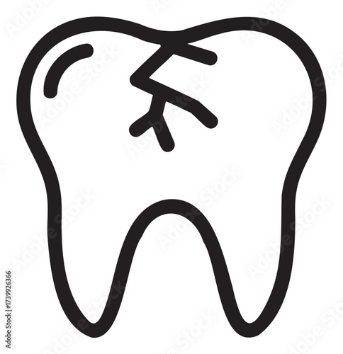 Black outline icon of a cracked tooth depicting a dental health issue. minimalistic linear design for dentistry, dental care, and oral health concepts.
