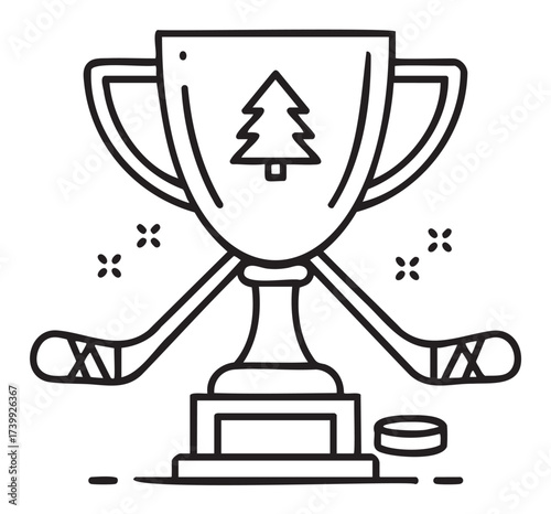 Black outline vector icon of a trophy with a pine tree emblem, crossed hockey sticks, and a puck, representing sports achievement in ice hockey.