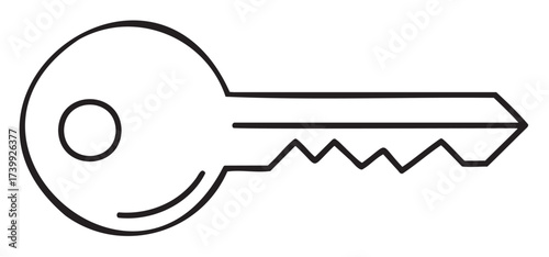 Simple black outline vector icon of a classic key with a round head and jagged edge, ideal for security and lock concepts.