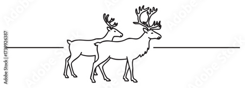 Black outline drawing of two deer with large antlers standing in profile, one behind the other, on a horizontal line.