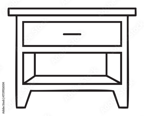 Black outline vector icon of a simple rectangular bedside table with one drawer and an open shelf underneath. minimal linear design suitable for furniture concepts.