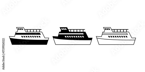 Solid black ferry icon with outline style. Suitable for transport, marine journey, passenger ship, tourism, holiday travel, and sea trip design.