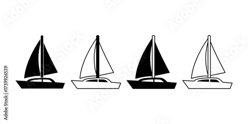 Black yacht icon in solid fill with outline. Perfect for luxury holiday, sea journey, vacation, tourism, sailing, and marine transport design.