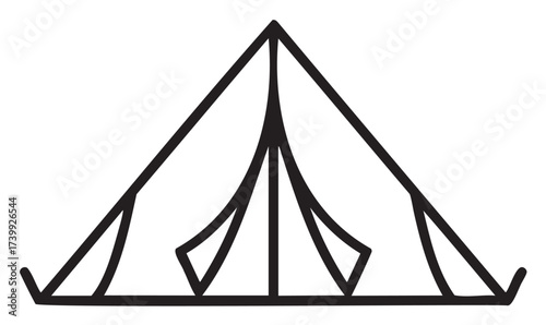 Black outline of a simple triangular camping tent with minimal linear design for outdoor and adventure concepts.