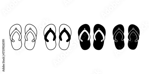 Solid black flip flops icon with outline style. Ideal for summer beach, seaside vacation, holiday trip, tourism, casual fashion, and travel gear.
