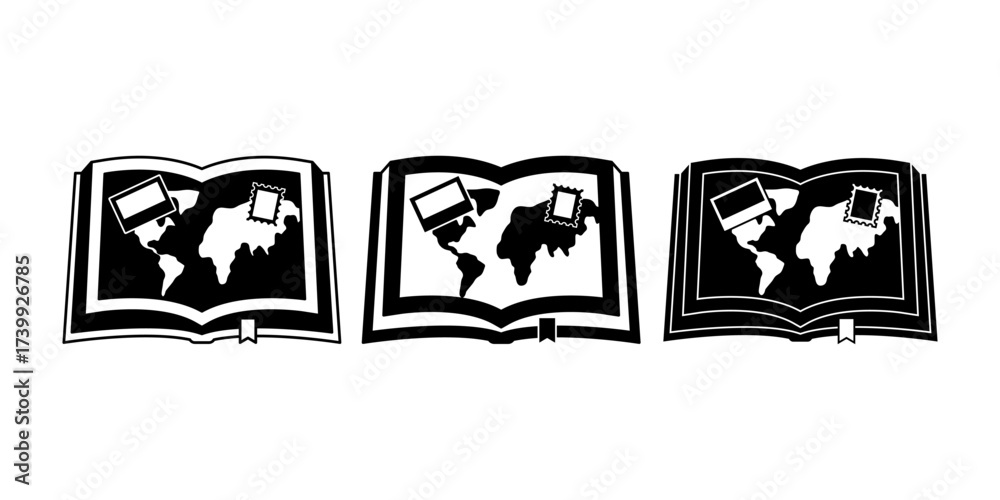 Fototapeta premium Black travel journal icon in solid and stroke style. Great for diary, notebook, trip record, memory book, tourism design, and travel storytelling.