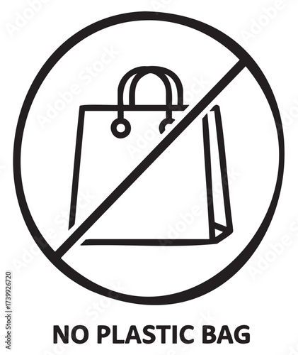 Bold black outline of a paper shopping bag with a prohibition symbol and the text "no plastic bag", advocating for environmental awareness.