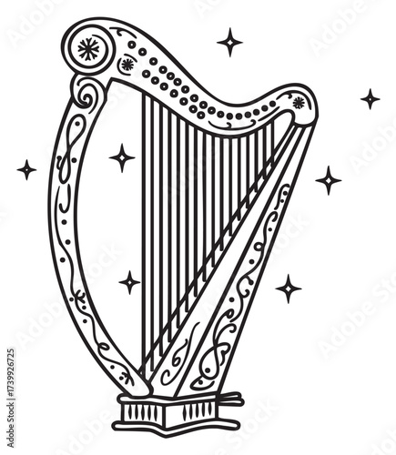 Intricate black outline vector of a decorative harp with ornamental details and surrounding twinkling stars.