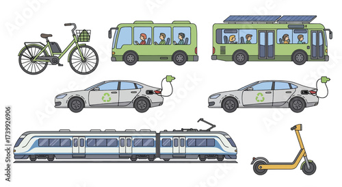 Collection of ecofriendly transportation including electric car bus train scooter and bicycle.