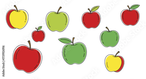 Set of colorful handdrawn apples in red green and yellow.