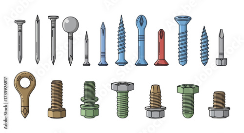 Assortment of hardware fasteners including nails screws and bolts.