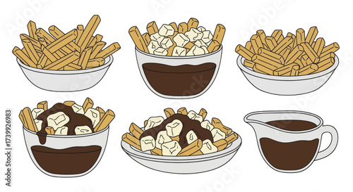 Vector illustration set of Canadian poutine dish with ingredients.