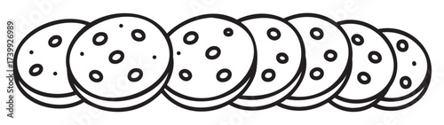 Black outline drawing of seven simple round cookies aligned in a row with visible chocolate chips.