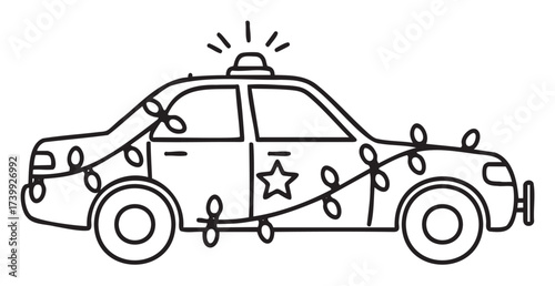 Simple black outline of a police car with a siren on top, decorated with festive holiday lights and a star emblem on the door.