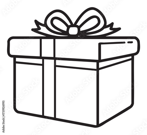 Simple black outline vector icon of a gift box with a neatly tied bow, ideal for celebration and holiday concepts.