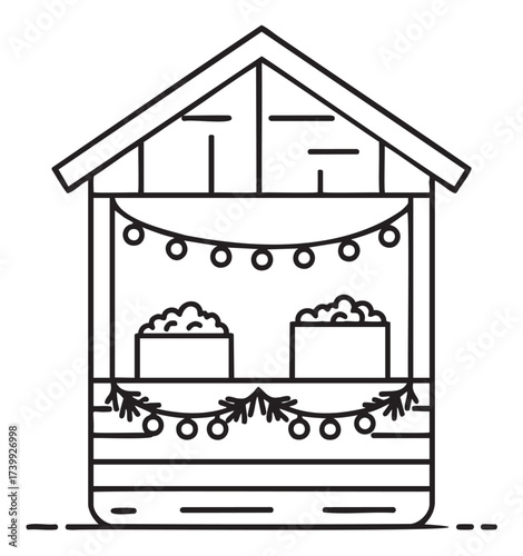 Black outline of a simple holiday market stall with decorative garlands and string lights, featuring two large bowls inside.