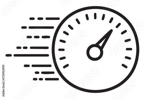 Black outline vector icon of a speedometer with horizontal lines indicating fast motion or acceleration.