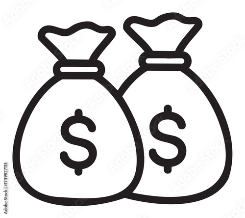 Black outline icon of two money bags with dollar signs, representing financial security and wealth accumulation.
