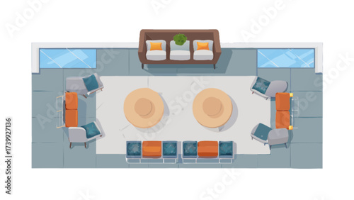 Overhead view of a lounge area with sofas chairs tables and windows in a modern interior space