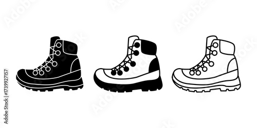 Solid hiking boots icon in black fill with outline. Perfect for trekking, outdoor adventure, mountaineering, camping, exploration, and travel themes.