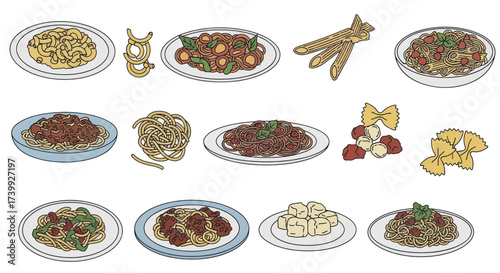 A diverse collection of illustrated Italian pasta dishes and shapes.