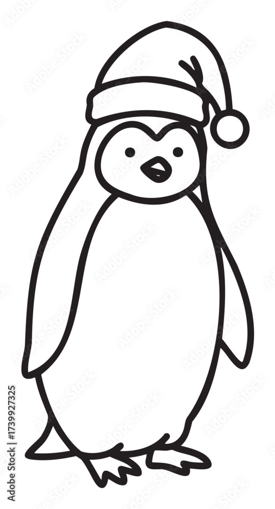 Fototapeta premium Black outline drawing of a standing penguin wearing a holiday santa hat with a pom-pom, facing forward.