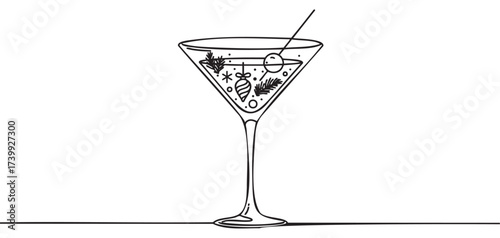 Black outline drawing of a festive cocktail glass with an olive and decorative elements, suitable for holiday and celebration themes.