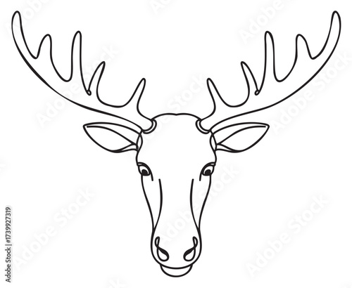 Black outline drawing of a moose head with large antlers, showing a simplistic and minimalistic design for wildlife and nature concepts.
