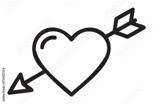 Black outline heart pierced by an arrow, symbolizing romance and love in a simple, minimalistic design.