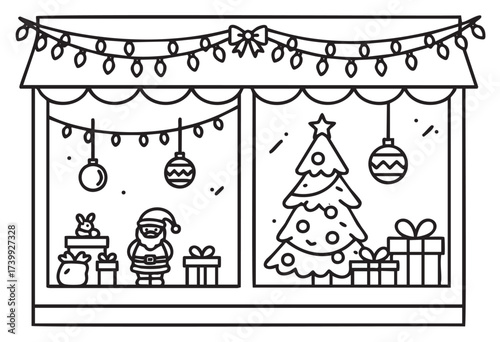 Black outline vector icon of a decorated christmas shop window with a santa figure, gifts, ornaments, and a christmas tree.
