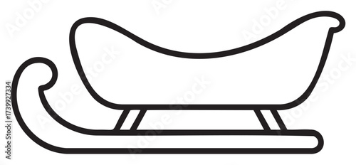 Black outline icon of a simple winter sleigh with a curved front and flat runners.