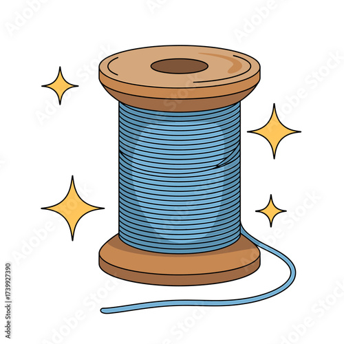 Cartoon Illustration of a Spool of Blue Thread with Wooden Ends and Sparkling Stars on White Background