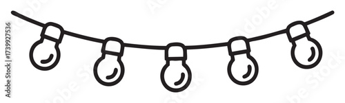 Black outline icon of a string of simple hanging light bulbs in a row.