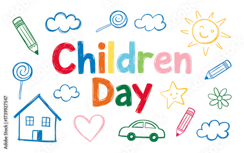 Colorful Hand Drawn Childrens Day Illustration with Whimsical Elements and Playful Design for Celebratory Events and Creative Projects