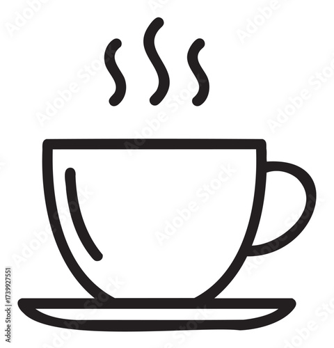 Black outline vector icon of a simple steaming coffee cup on a saucer. minimal linear design for beverage, cafe, and morning routine concepts.